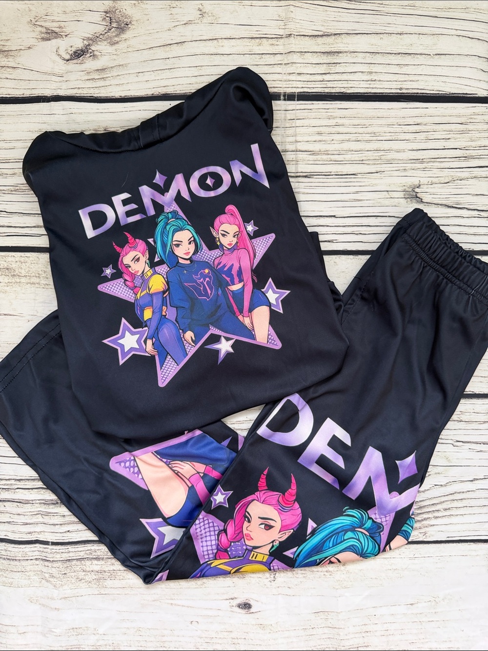 ♡ Kids Unbranded Demon Hunter Graphic Soft Pant Hoodie Set - Black Anime 6/7